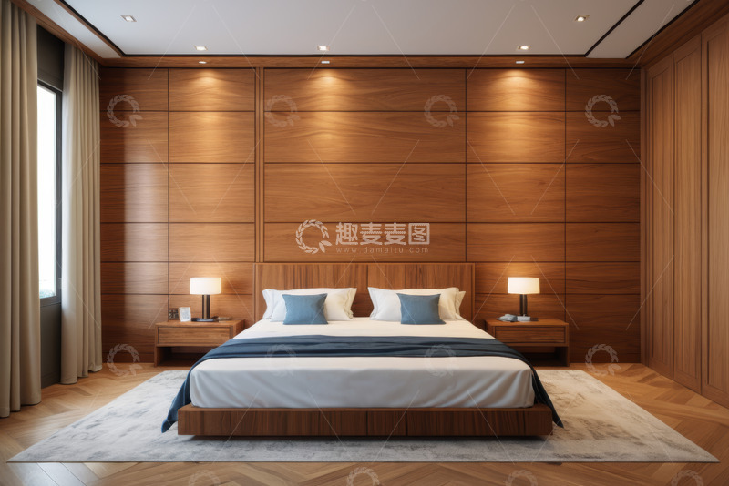 高清大图下载【趣麦麦图】现代风格卧室木质床及装饰