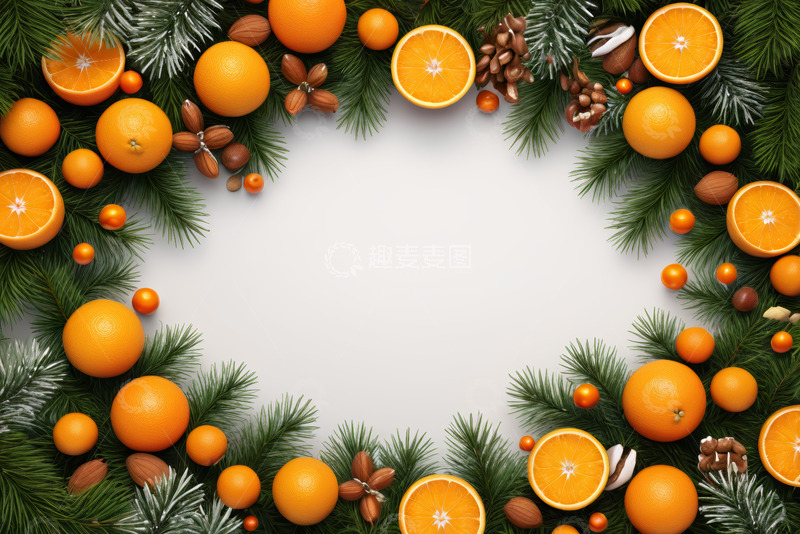 高清大图下载【趣麦麦图】松枝橙子圣诞装饰边框