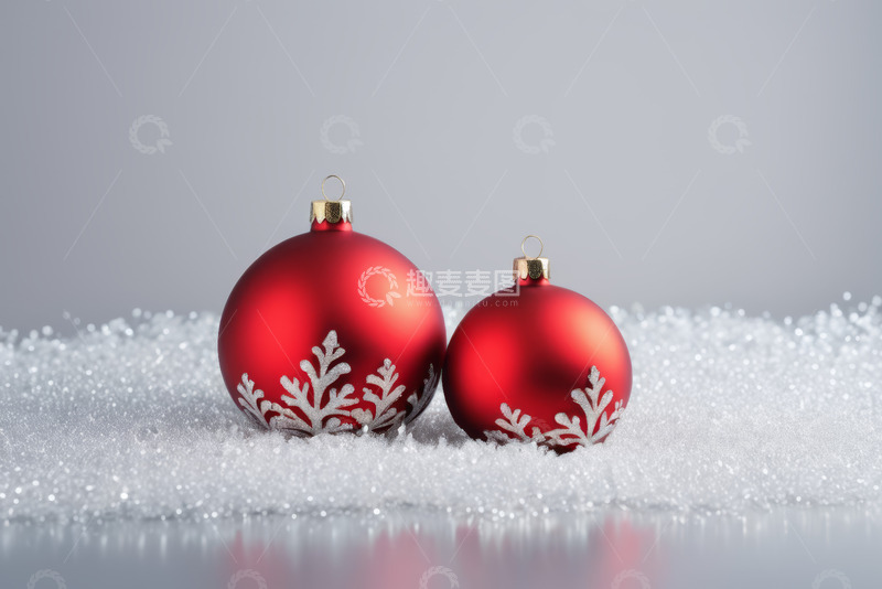 高清大图下载【趣麦麦图】红色圣诞装饰球雪景特写
