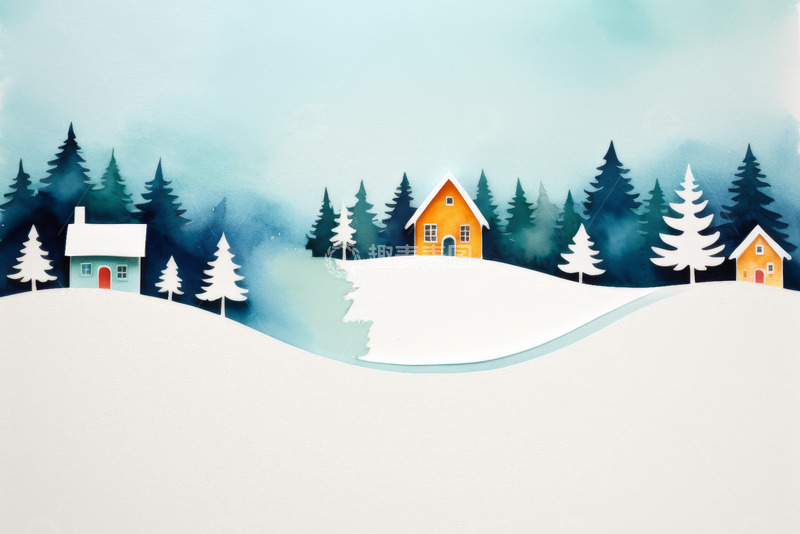 高清大图下载【趣麦麦图】冬日雪景中的小屋与松林