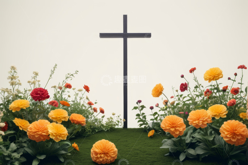 高清大图下载【趣麦麦图】十字架旁多彩花卉景观