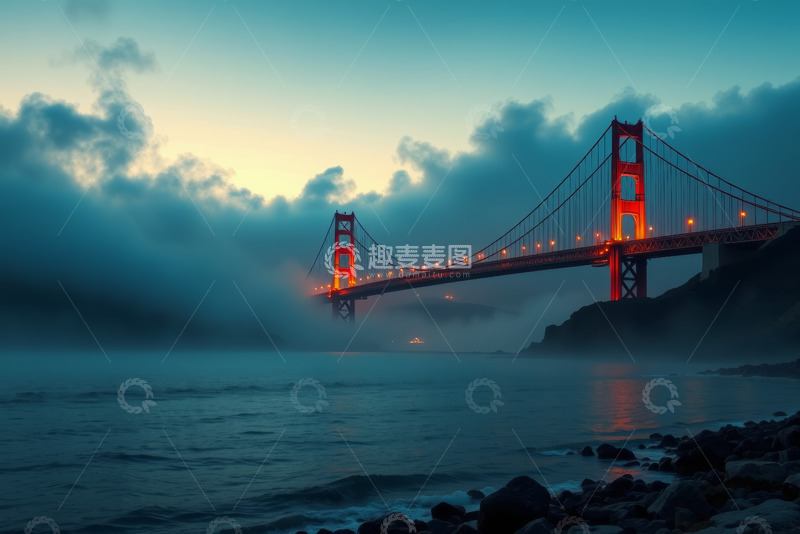 高清大图下载【趣麦麦图】旧金山金门大桥黄昏景观