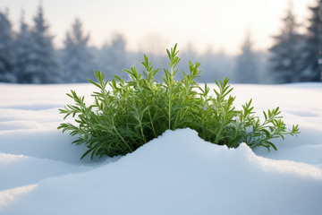 雪地中生长的绿色植物