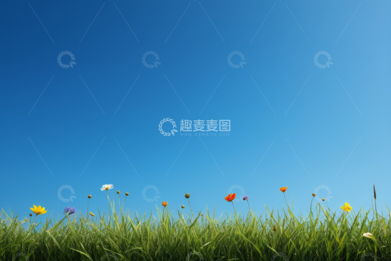 高清大图下载【趣麦麦图】蓝天背景下的草地野花