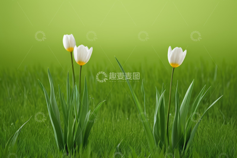 高清大图下载【趣麦麦图】草地上盛开的白色郁金香