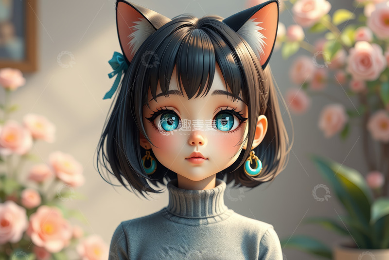 高清大图下载【趣麦麦图】带猫耳的卡通女孩形象
