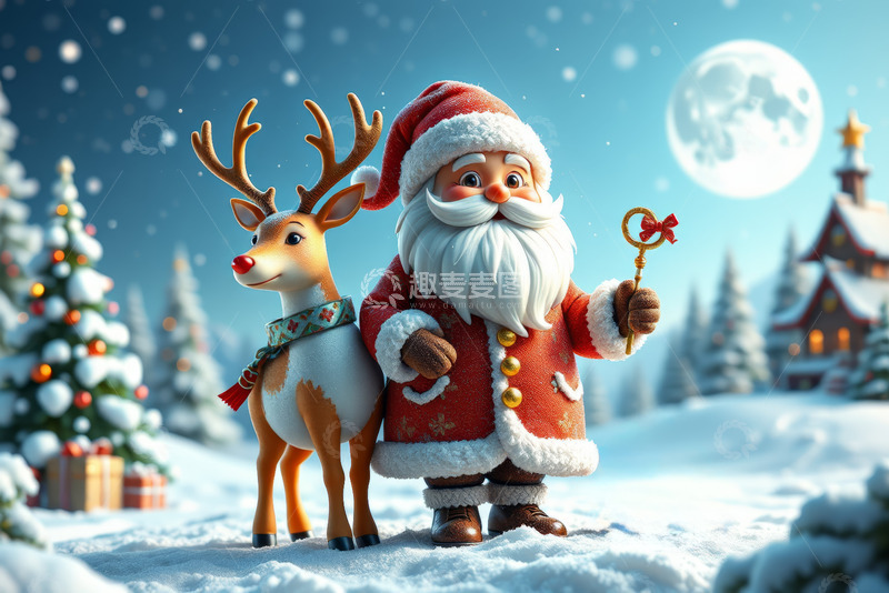 高清大图下载【趣麦麦图】圣诞老人与驯鹿雪景画面