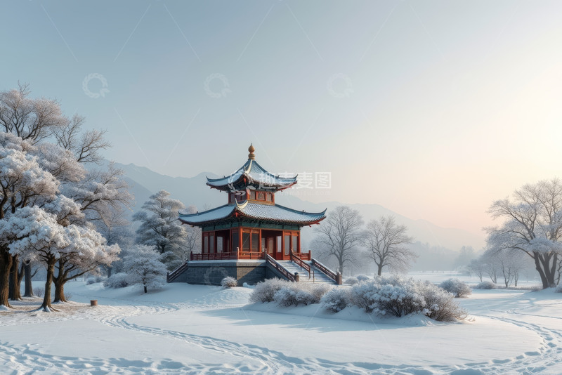 高清大图下载【趣麦麦图】雪中中式古亭自然景观