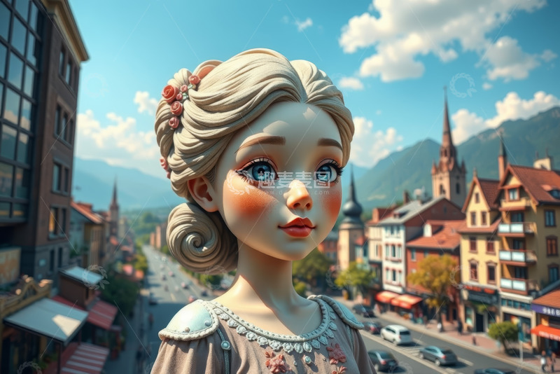 高清大图下载【趣麦麦图】卡通女孩与欧式街道风景