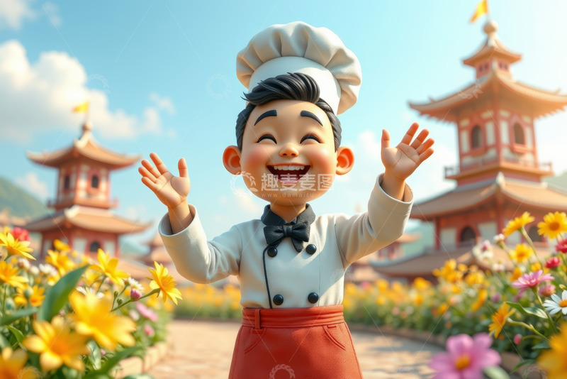 高清大图下载【趣麦麦图】卡通小厨师在中式场景中欢呼