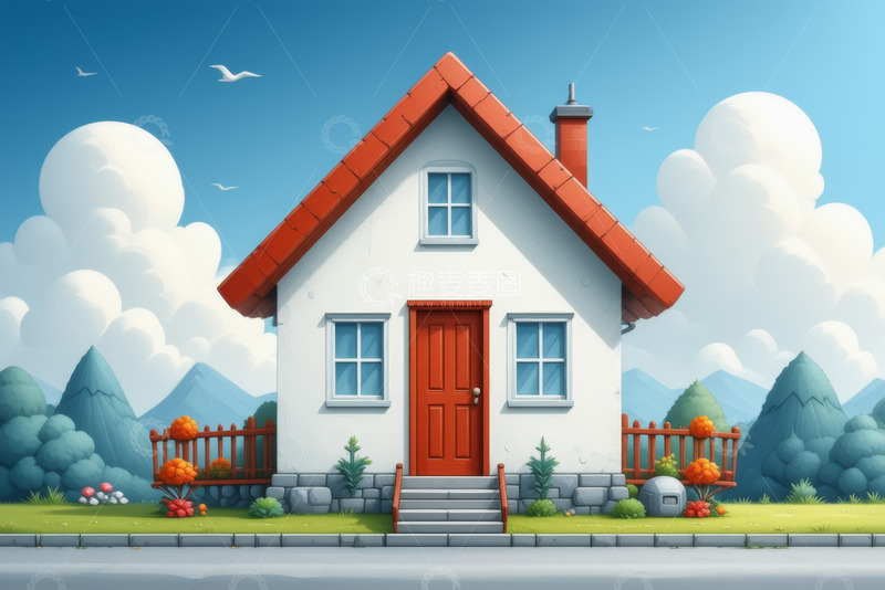 高清大图下载【趣麦麦图】卡通风格独栋小屋自然风光