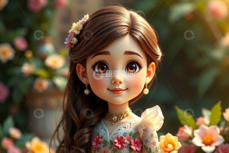 高清大图下载【趣麦麦图】卡通女孩花卉背景特写