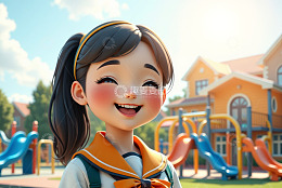 校园操场前微笑的卡通女孩