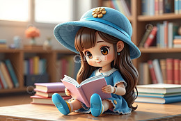卡通女孩在书架前看书场景