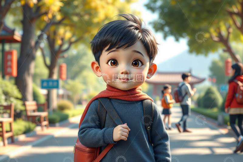 高清大图下载【趣麦麦图】背书包小男孩户外场景