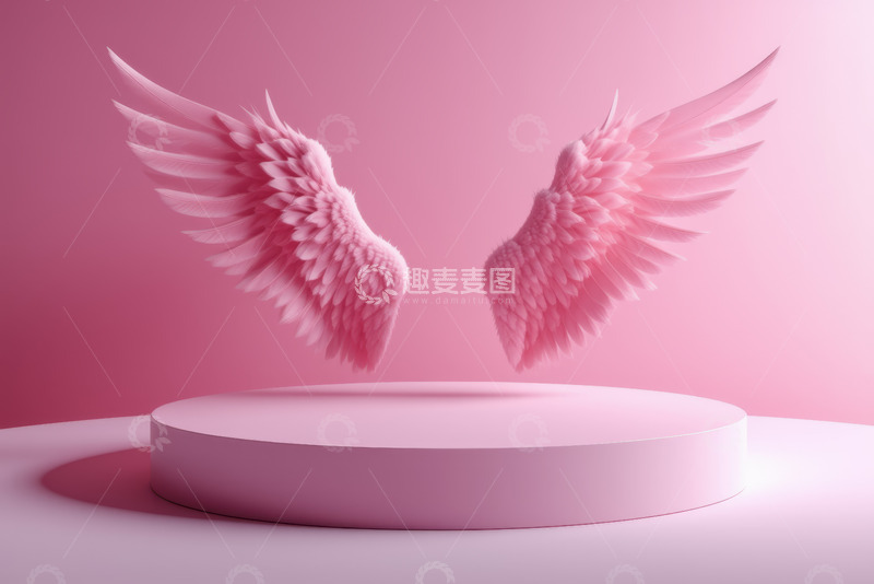 高清大图下载【趣麦麦图】粉色天使翅膀悬浮于圆台之上