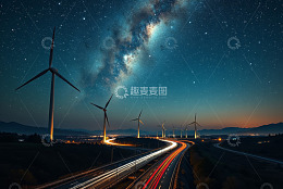 公路旁风车与星空夜景