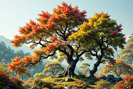 秋季山林多彩树木风景