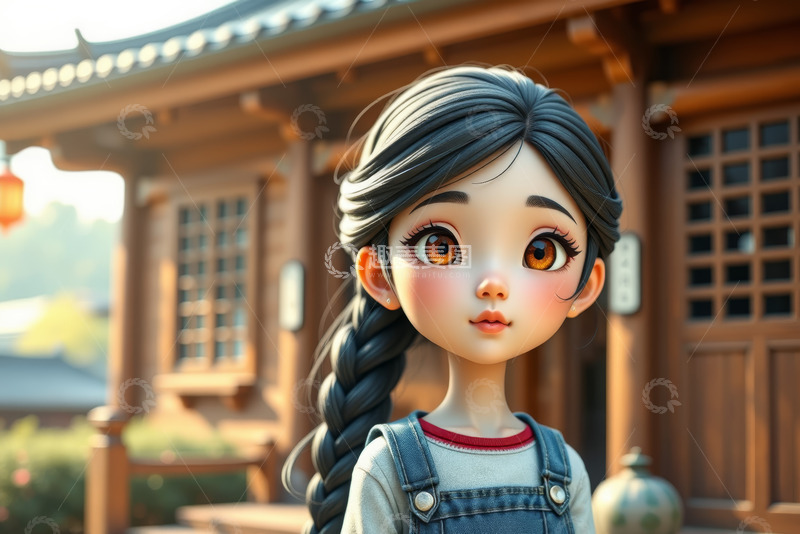 高清大图下载【趣麦麦图】古风建筑前的卡通女孩