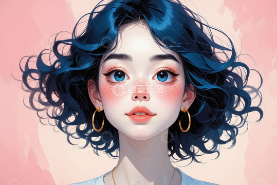 蓝发雀斑女孩肖像
