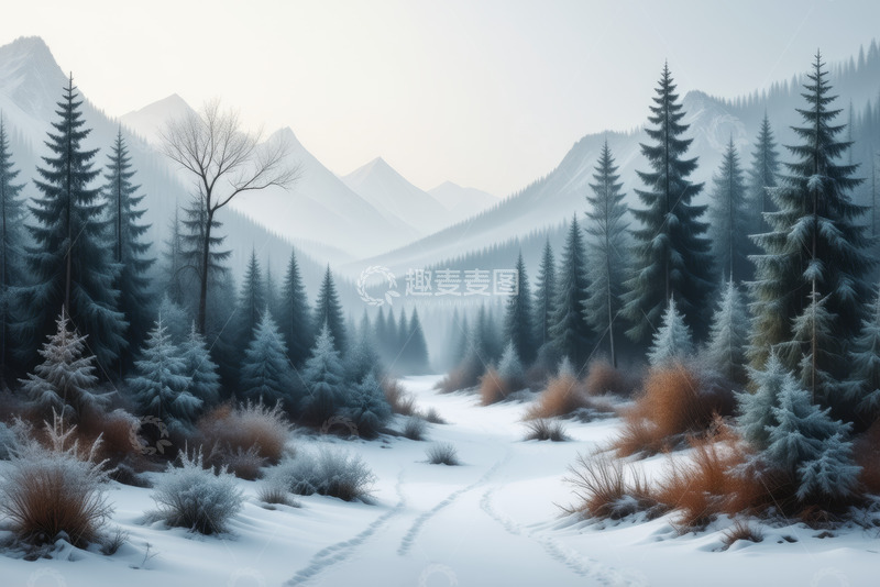 高清大图下载【趣麦麦图】冬日雪山松林雪景