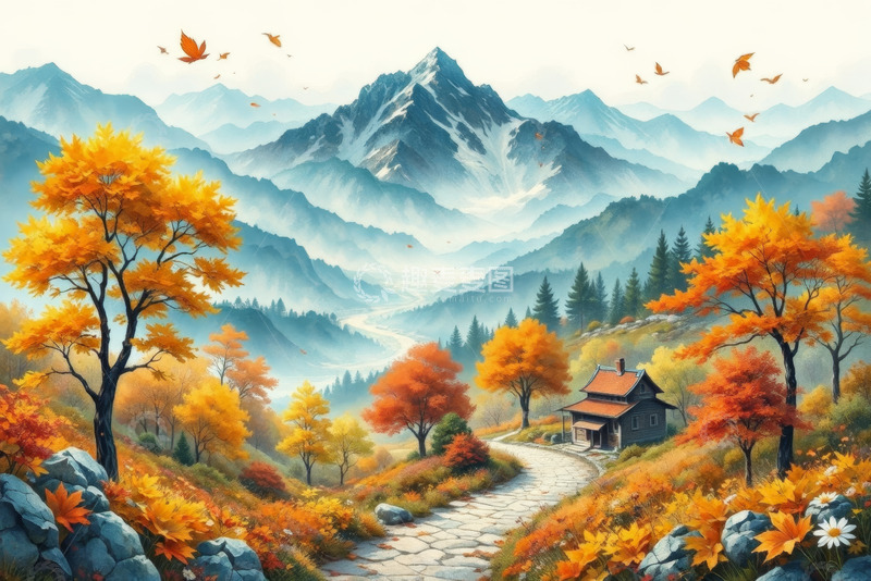 高清大图下载【趣麦麦图】秋日山间小屋与斑斓树林景观