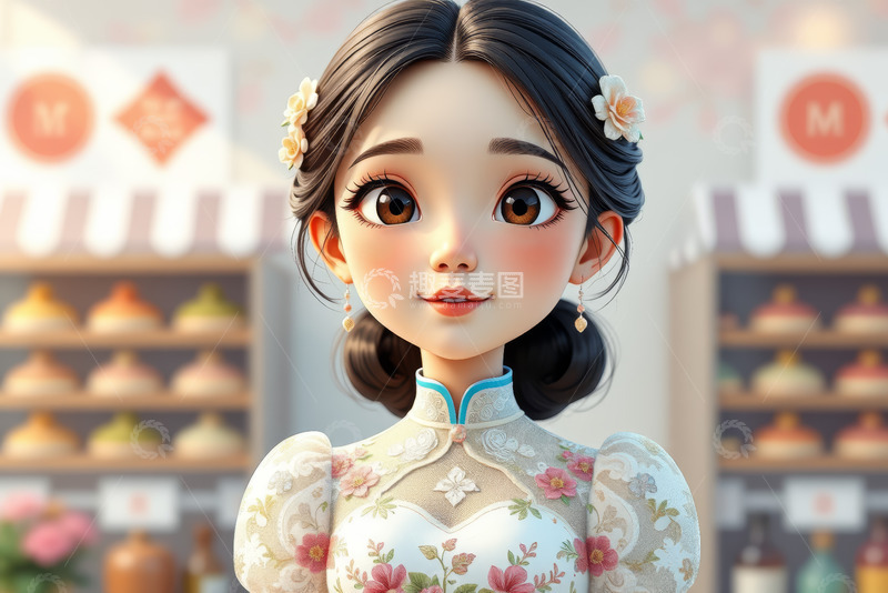 高清大图下载【趣麦麦图】身着旗袍的卡通女孩特写