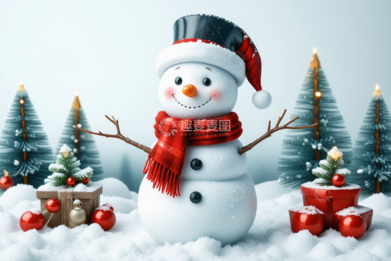 高清大图下载【趣麦麦图】戴圣诞帽围巾的雪人雪景