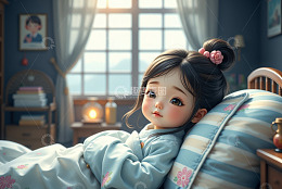 卧室中靠枕休憩的卡通小女孩