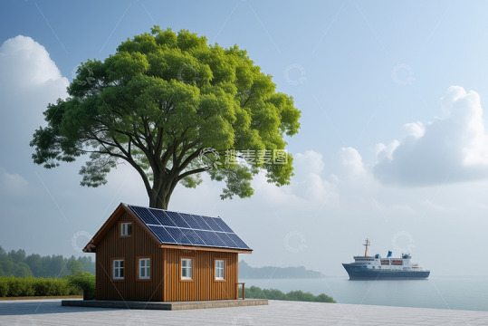 带太阳能板的木屋与绿树海景