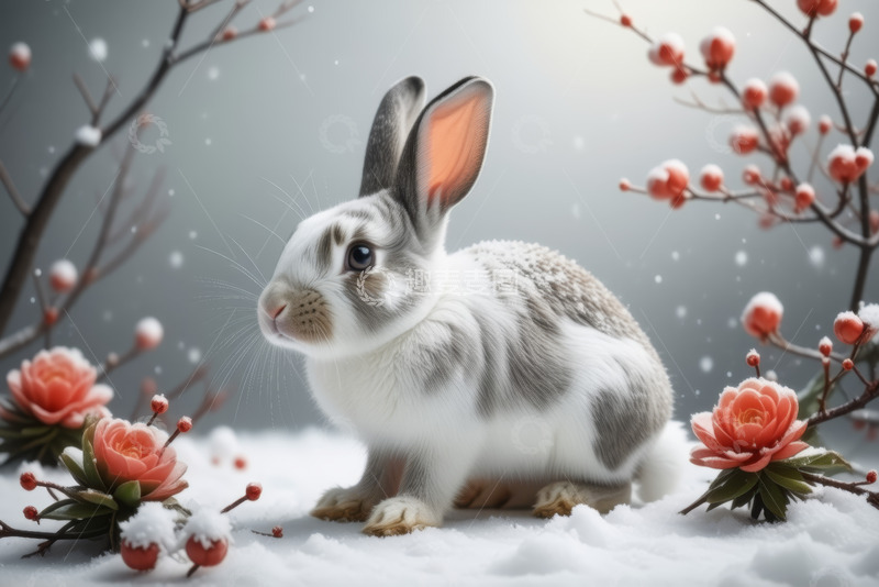 高清大图下载【趣麦麦图】雪地上的可爱兔子与花卉