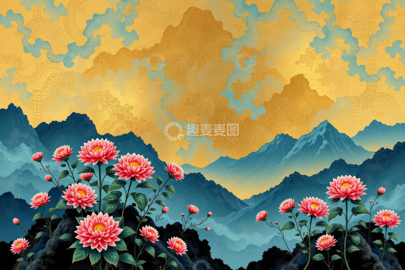 高清大图下载【趣麦麦图】中式山水花卉风景插画