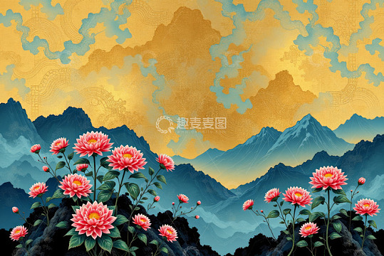 中式山水花卉风景插画