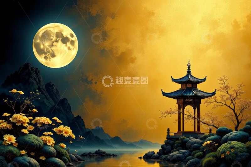 高清大图下载【趣麦麦图】月夜下的中式凉亭山水景色