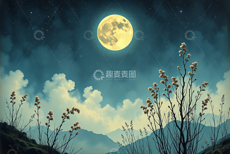 夜空下满月与山间花草景观