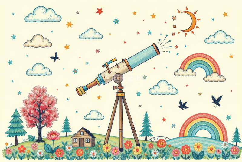 高清大图下载【趣麦麦图】卡通风格望远镜自然风光场景