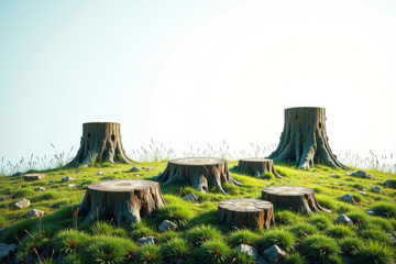 草地上的多个树桩景观