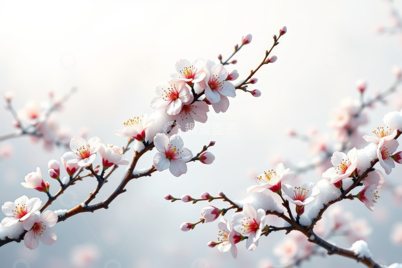 高清大图下载【趣麦麦图】枝头绽放的带雪粉色花朵