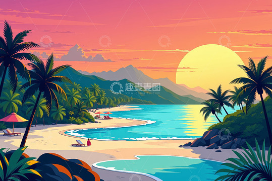 热带海滩夕阳美景