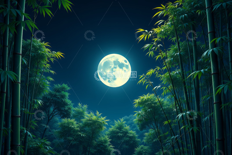 高清大图下载【趣麦麦图】月夜下的竹林景色