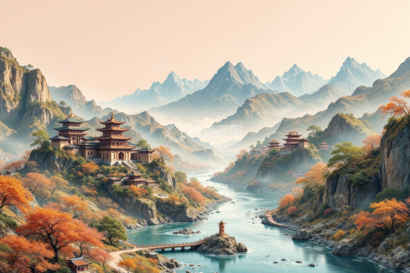 高清大图下载【趣麦麦图】古风山水间的中式建筑景观