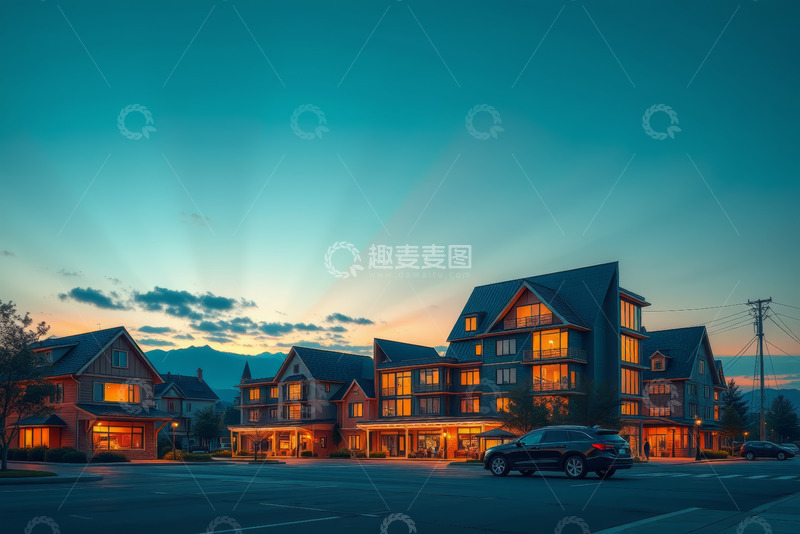 高清大图下载【趣麦麦图】黄昏时街道旁的多层建筑