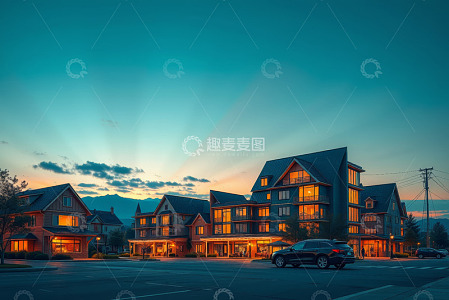 黄昏时街道旁的多层建筑