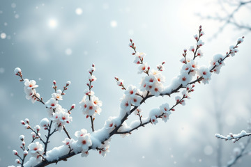 覆雪绽放的白色花枝特写