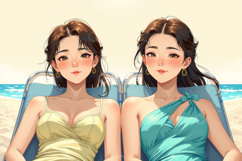 高清大图下载【趣麦麦图】沙滩上休憩的两位女性