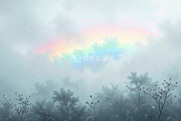 雾中树林上的彩虹景观