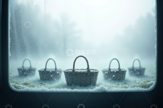 高清大图下载【趣麦麦图】窗外雪地中的藤编篮子