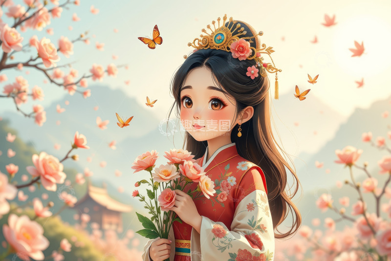 高清大图下载【趣麦麦图】古风少女手持鲜花场景