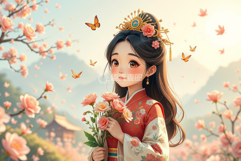 古风少女手持鲜花场景