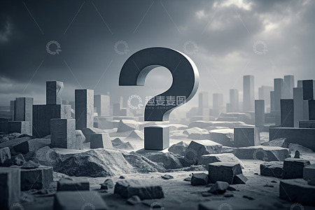 城市废墟中巨大问号雕塑